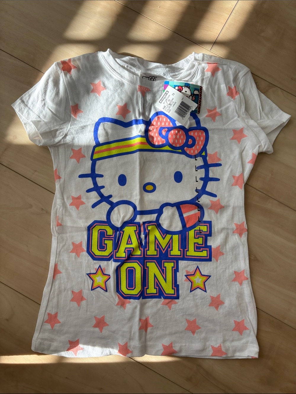 Hello Kitty White Tee with Pink Stars and Multicolor Graphic